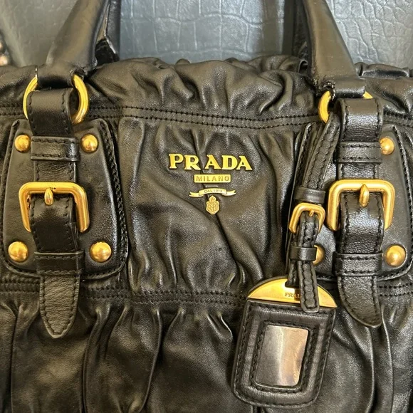 PRADA Ruched Gaufre Leather Top Handle Bag Crossbody Handbag Buttery Soft - Picture 10 of 17